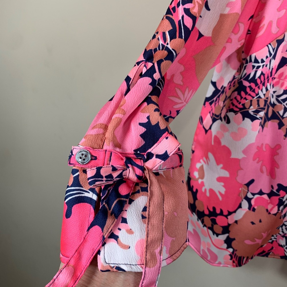 Talbots Pink Floral L/S Bow Accent Button Down Back Blouse Size 2XP - Picture 3 of 12